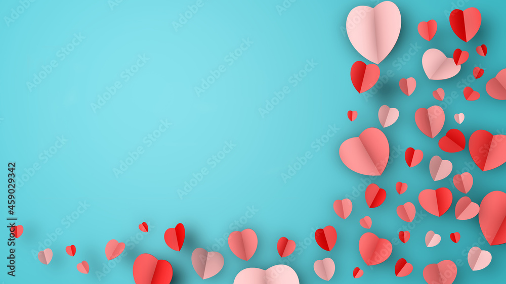 Happy Valentine's Day kraft paper design, contains pink 3D hearts, soft blue background, 3D rendering. 