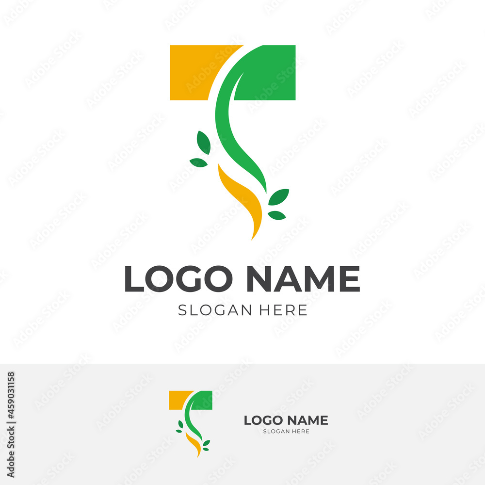 Obraz premium initial T leaf logo vector, letter T and leaf, combination logo with flat green and yellow color style