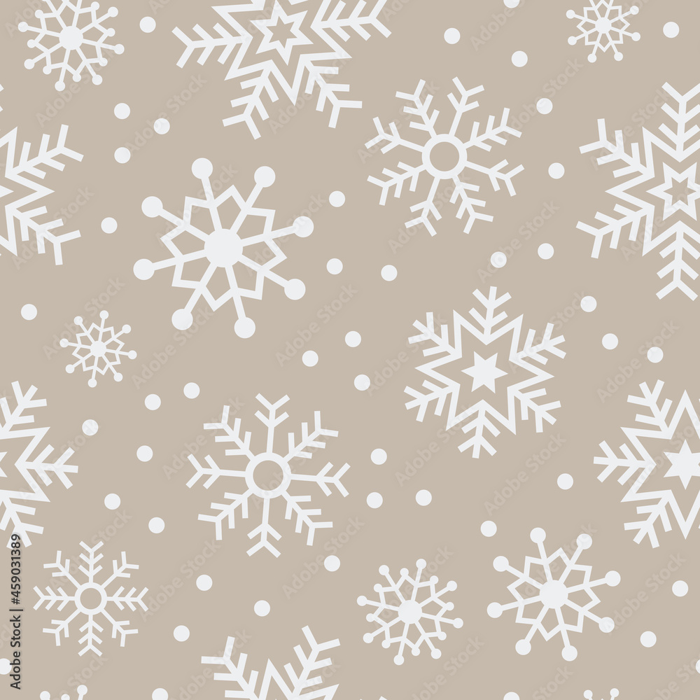 Natural beige snowflake seamless vector pattern. Neutral light coloured background with white festive snowflakes. Minimal christmas holiday design. 