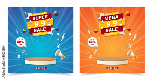 Sale banner template design with podium display