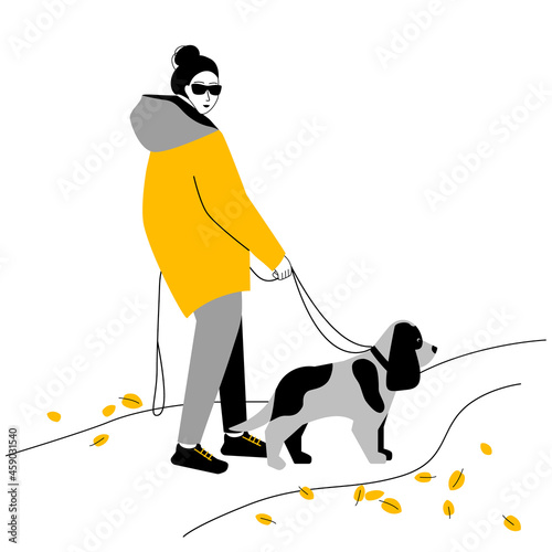 A girl walks with her favorite dog. Vector illustration in a flat style on an isolated background. A cozy drawing of a person walking with a pet in nature. Autumn poster, postcard, print.