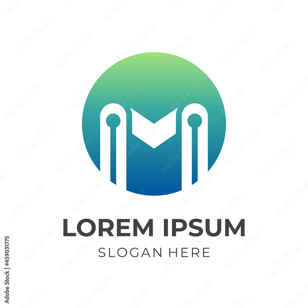 Fototapeta premium initial M tech logo vector, letter M and circuit board, combination logo with flat blue and green color style