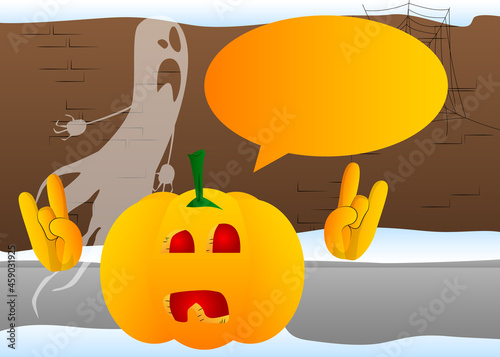 Decorative pumpkins for halloween with hands in rocker pose as a cartoon character with face. Vector Illustration.