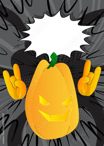Decorative pumpkins for halloween with hands in rocker pose as a cartoon character with face. Vector Illustration.
