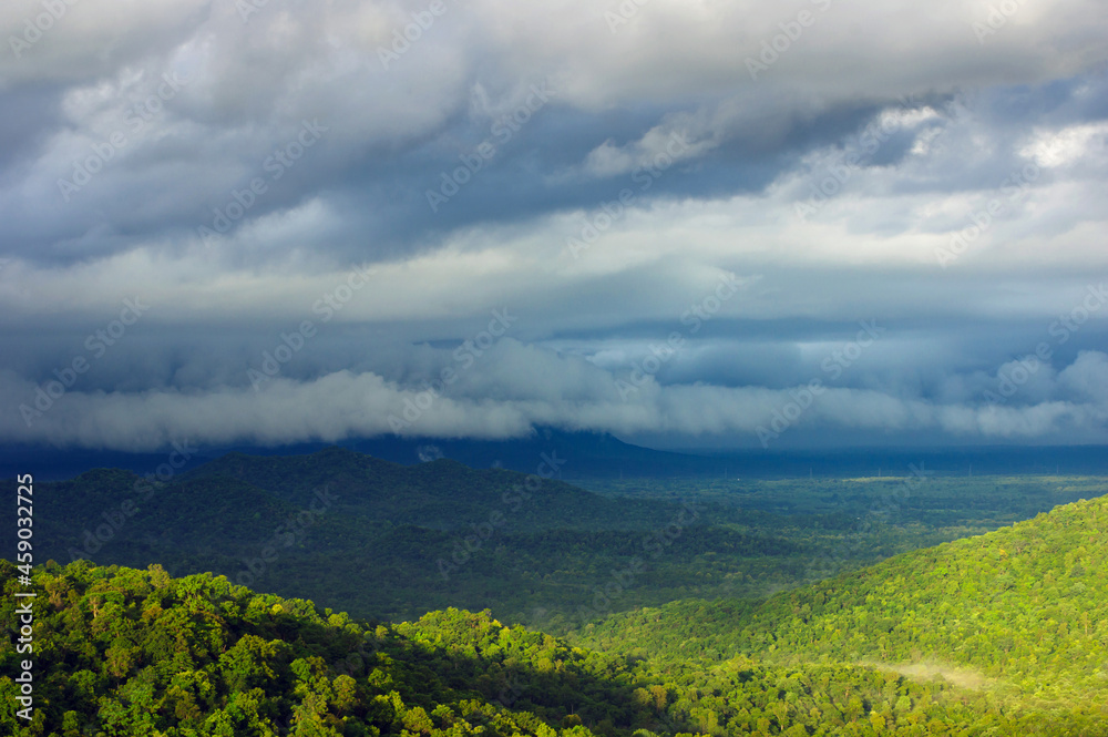 Aerial view rain storms and black clouds moving over the mountains In the north of Thailand, Pang Puey, Mae Moh, Lampang, Thailand.