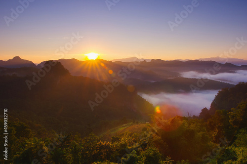 Beautiful aerial view landscape sunbeam with fog at morning, Baan jabo viewpoint. Mae Hong Son, Baan JABO one of the most amazing Mist in Thailand.