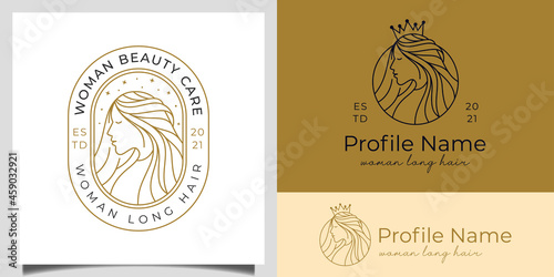 Elegant queen woman long hair with crown design concept for hairdresser, beauty salon linear logo design