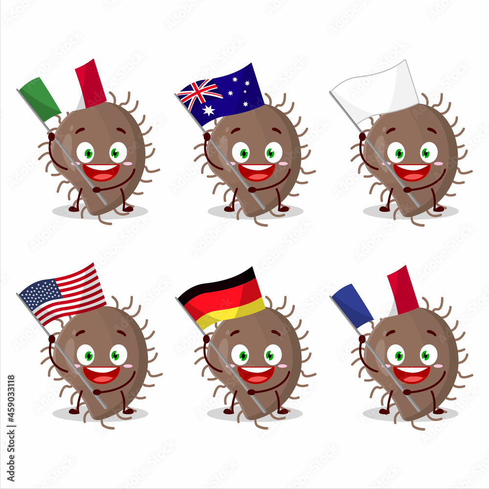 Coronaviridae cartoon character bring the flags of various countries