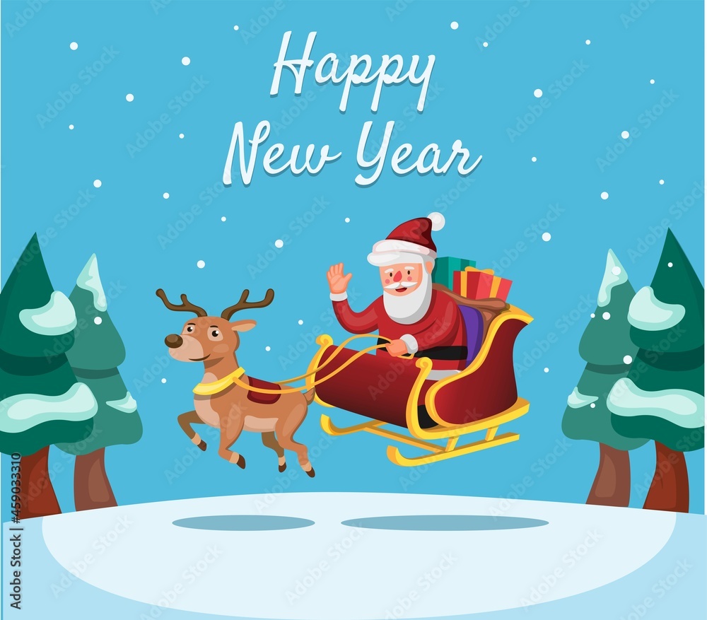 Happy New Year and Christmas season with Santa and Reindeer with gift box cartoon illustration vector Happy New Year and Christmas season with Santa and Reindeer with gift box cartoon illustration vector