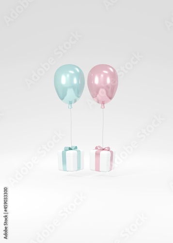 3D Rendering concept of gender reveal, wedding, birthday. Realistic pastel blue and pink balloons floating from gift box on background. 3D render. 3D illustration. Minimal idea. Invitation card.