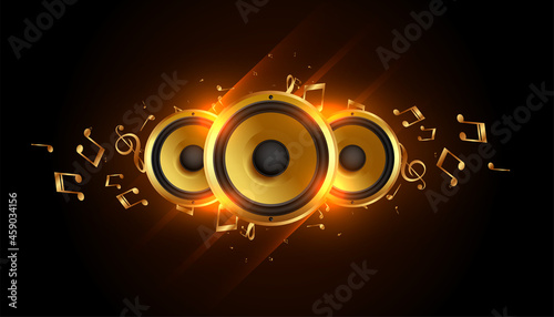 glowing music speakers with sound notes background