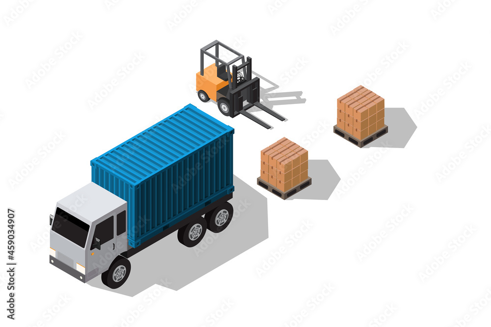 Isometric vector illustration warehouse where goods are stored on pallets with cargo container truck and forklift isolated on white backgrounds concept of efficient warehouse management Isometric vector illustration warehouse where goods are stored on pallets with cargo container truck and forklift isolated on white backgrounds concept of efficient warehouse management