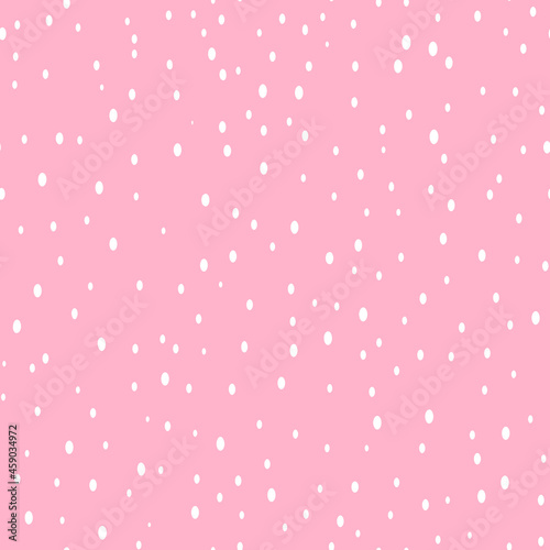 Abstract hand drown polka dots background. Pink dotted seamless pattern with white circles. Template design for invitation, poster, card, flyer, textile, fabric