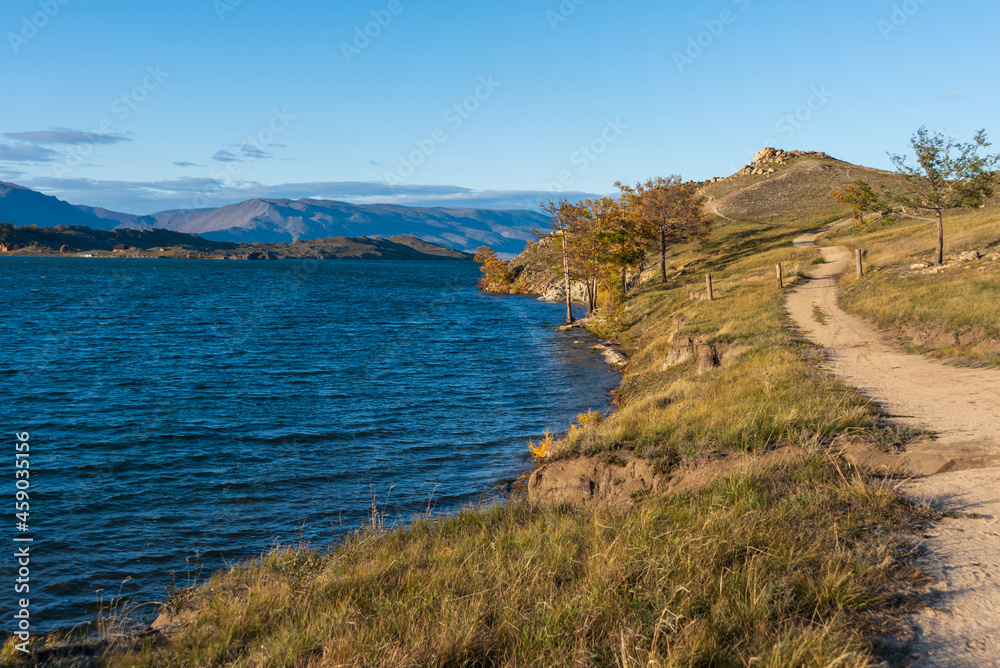 Fototapeta premium View of Small Sea Strait on Lake Baikal on autumn day, Joy Bay