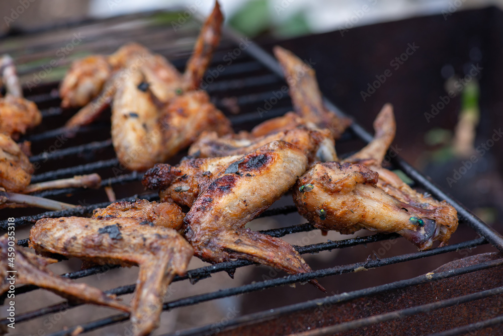delicious fried chicken wings on the grill. High quality photo