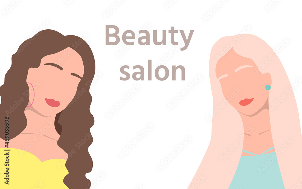 Womans girls faces with brunette and blonde hairstyles and earring, eyebrow and lips isolated on white background. Beauty salon banner and poster, frame. Vector illustration