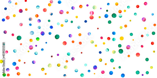 Watercolor confetti on white background. Alive rainbow colored dots. Happy celebration wide colorful bright card. Mind-blowing hand painted confetti.