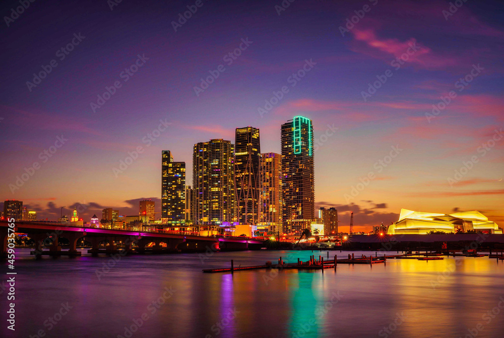 city skyline at night beautiful colors miami downtown florida bridge skyscrapers sea reflections travel cute 