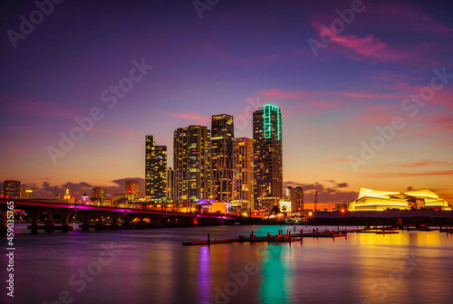 city skyline at night beautiful colors miami downtown florida bridge skyscrapers sea reflections travel cute 