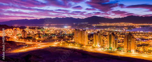 Aerial nocturnal view on Eilat – famous tourist resort city in Israel and the Middle East