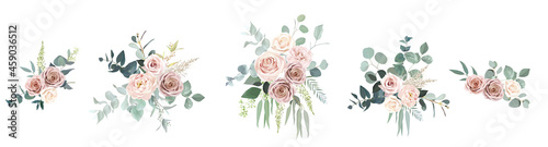 Blush pink roses, ranunculus, camellia flowers vector design bouquets