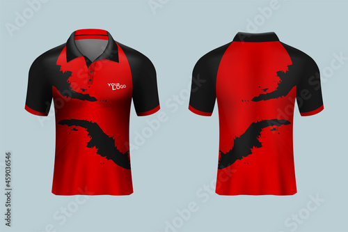 3D realistic mock up of front and back of polo shirt. soccer sport shirt  jersey template. Concept for casual uniform or apparel mockup template in design vector illustration