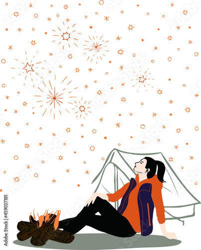 A girl wearing an orange hoodie, a purple vest, and a black ponytail hairstyle sits on the ground with a campfire and tent beside her, gazing at the many twinkling stars in the sky, calm and relaxed.
