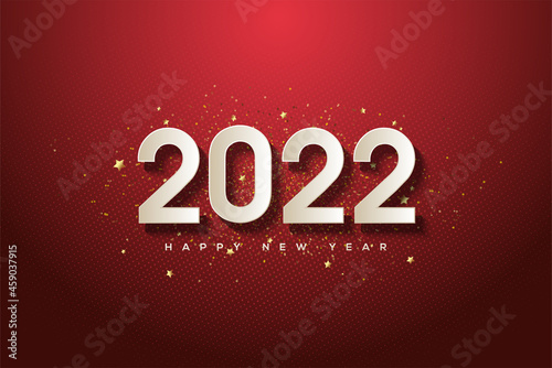 Happy new year 2022 with 3d numbers on dark red background.