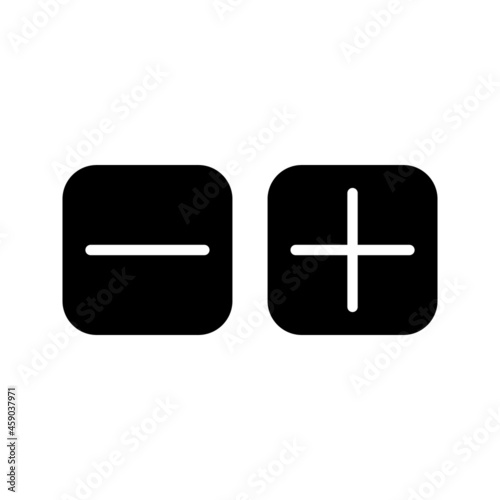 Vector illustration of plus and minus, black and white plus and less symbols on white background