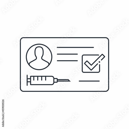 Vaccination certificate against covid-19 with check mark. Vector linear icon isolated on white background.