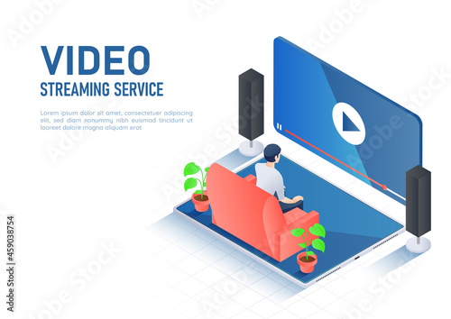 Isometric Web Banner Man Watching Online Video Streaming on Digital Tablet