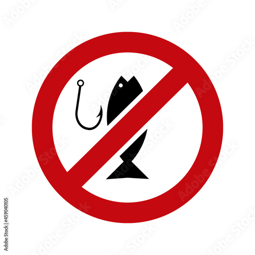 No Fishing sign with texts in rectangular frames. Illustration style is a flat iconic symbol inside red crossed circle on a white background.