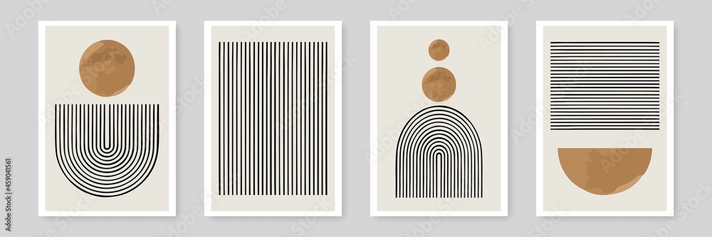 Abstract Geometric Wall Art. Neutral Color Poster Set with Line Organic ...