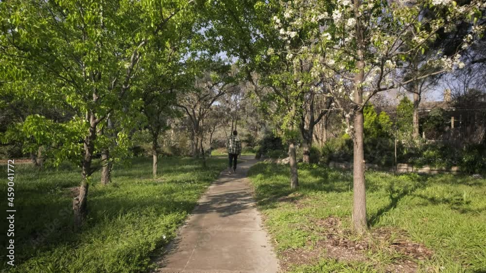 Man Walking Along Pathway in Urban Park outdoor setting Man Walking Along Pathway in Urban Park outdoor setting
