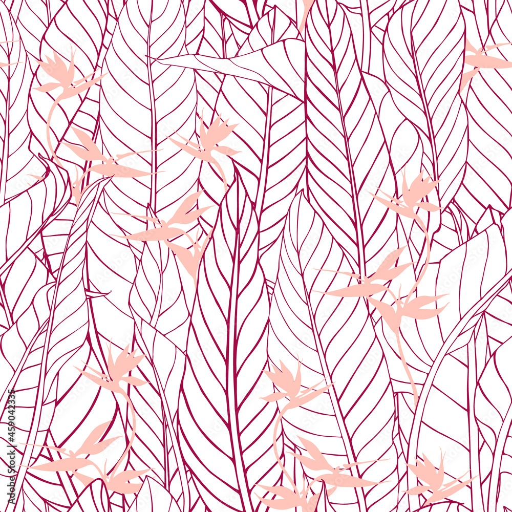 Seamless pattern with strelitzia flowers and leaves. Floral print with bird of paradise or crane flower. Texture for fabric, home decor. Outline drawing, sketch.Vector silhouettes of tropical plants.