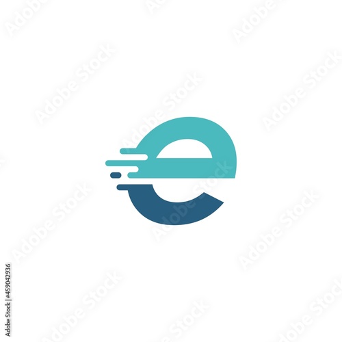 e letter dash lowercase tech digital fast quick delivery movement blue logo vector icon illustration