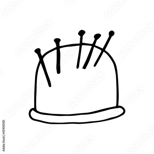 Pincushion for needles and thimbles vector illustration in doodle style. Hand Drawn Sketch Line Art of atelier tailor sewing supplies. On the topic of stay at home, Covid-19, home elements and