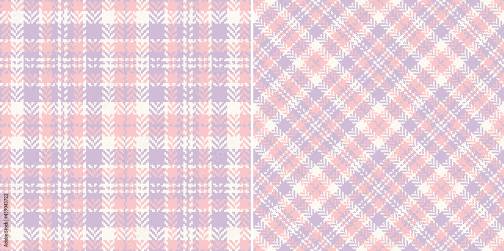 Tweed check plaid pattern in pastel lilac purple, pink, off white. Herringbone textured small seamless tartan background for dress, jacket, other modern spring summer fashion textile print.
