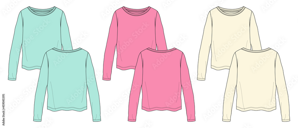 Multi color Relax fit Long Sleeve T-Shirt overall technical Fashion Flat Sketch vector template for Women's. Apparel design blank t shirt mock up front, back views isolated on white background. Multi color Relax fit Long Sleeve T-Shirt overall technical Fashion Flat Sketch vector template for Women's. Apparel design blank t shirt mock up front, back views isolated on white background.