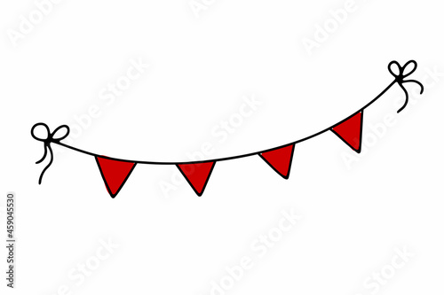 Doodle decorative Garland. Hand-drawn red festoon isolated on white background. Outline festive decoration with flags, ribbon, bow. Vector illustration for a holiday, birthday, wedding, Valentines Day