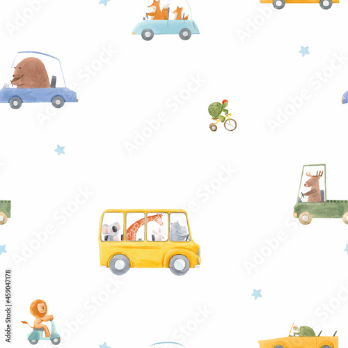 Beautiful vector seamless baby pattern with cute hand drawn watercolor animal drivers in cars. Stock illustration.