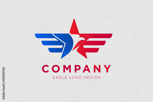 eagle logo design concept, red and blue star with eagle head in negative space vector graphic design concept illustration