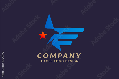 eagle logo design template, blue star with eagle head in negative space vector graphic design concept illustration