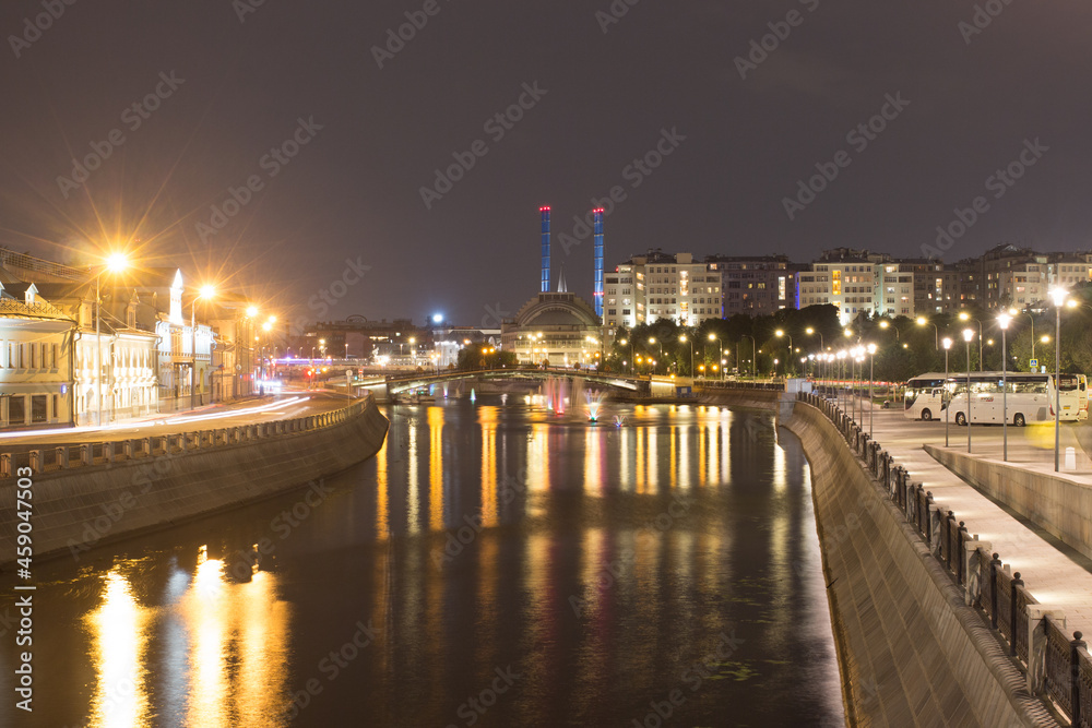 Moscow, Russia, Aug 25, 2021.  Night view of Vodootvodny Canal embankment near Bolotnaya square.