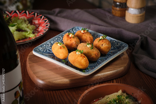 Tasty Ham croquets on the table of Spanish restaurant