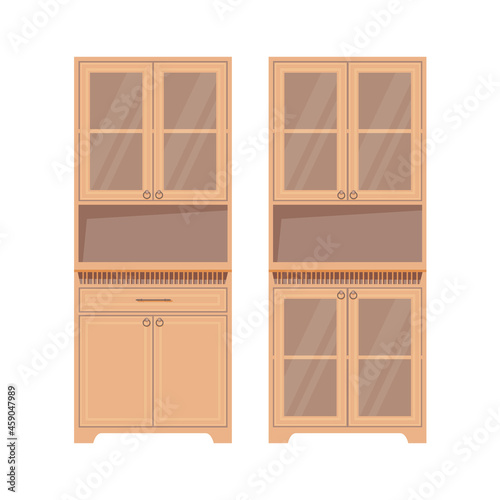 Two tall cabinets of different designs for storing crockery, textiles and kitchen utensils with glass and wooden doors.  Isolated image on a white background.  Vector illustration in a flat style. 