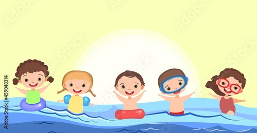 Children fun and splashing in water. Waves. Swimming, diving and water sports. Beach landscape. Illustration in cartoon style. Flat design. Vector art