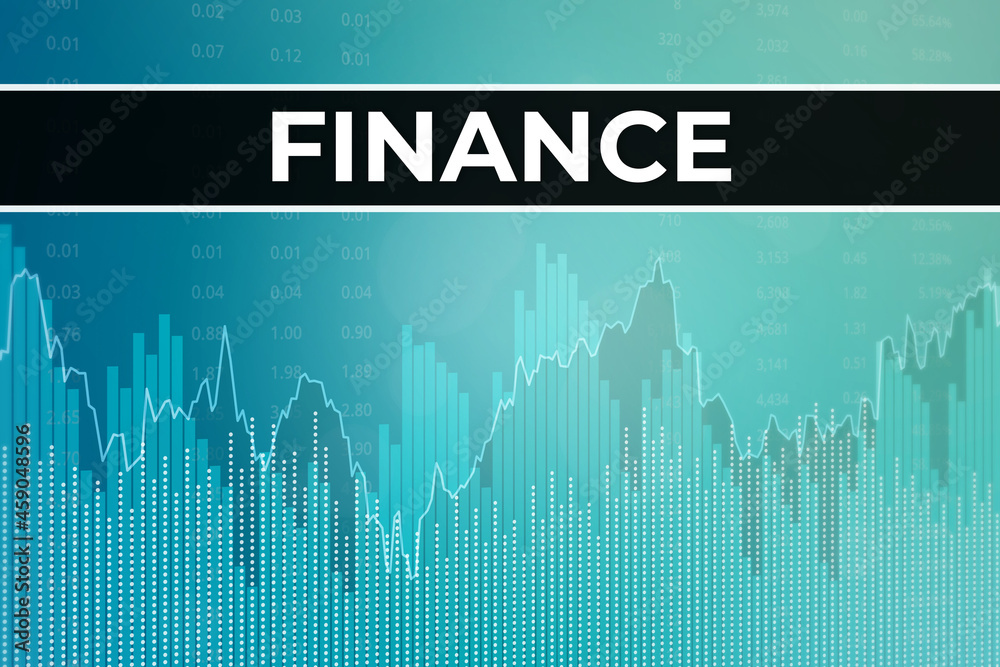 Word Finance on blue finance background from graphs, charts. Trend Up and Down. 3D render