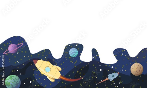 Cosmos background. The planets, their satellites and the rockets. Starry sky landscape. Frame bottom. Dark colors. Flat style. Cartoon design. Vector