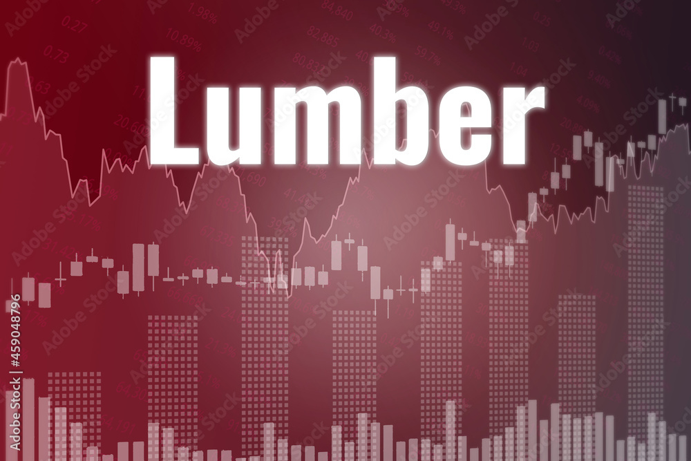 Price change on trading Lumber futures on red finance background from graphs, charts, columns, candles, bars. Trend Up and Down. 3D render